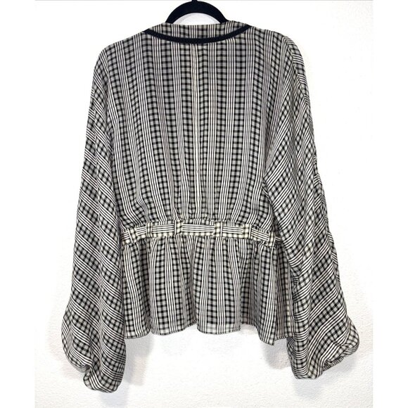 Tularosa Blouse Black And White Checkered Blouse Belted V-Neck Women's Size XL - Picture 3 of 13